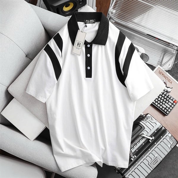 Áo thun polo cotton thân trắng phối cổ đen thời trang cỡ đại bigsize nam < 140kg - Ảnh 2