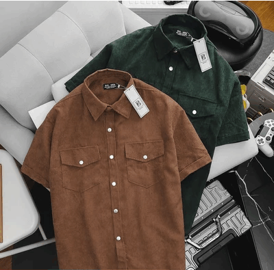 Áo sơ mi tay ngắn unisex phối túi vải nhung tăm thời trang 85-140kg