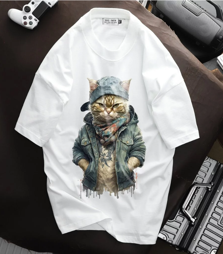 Áo thun big size nam vải cotton thời trang bigsize nam cỡ đại < 140kg - in mèo SM