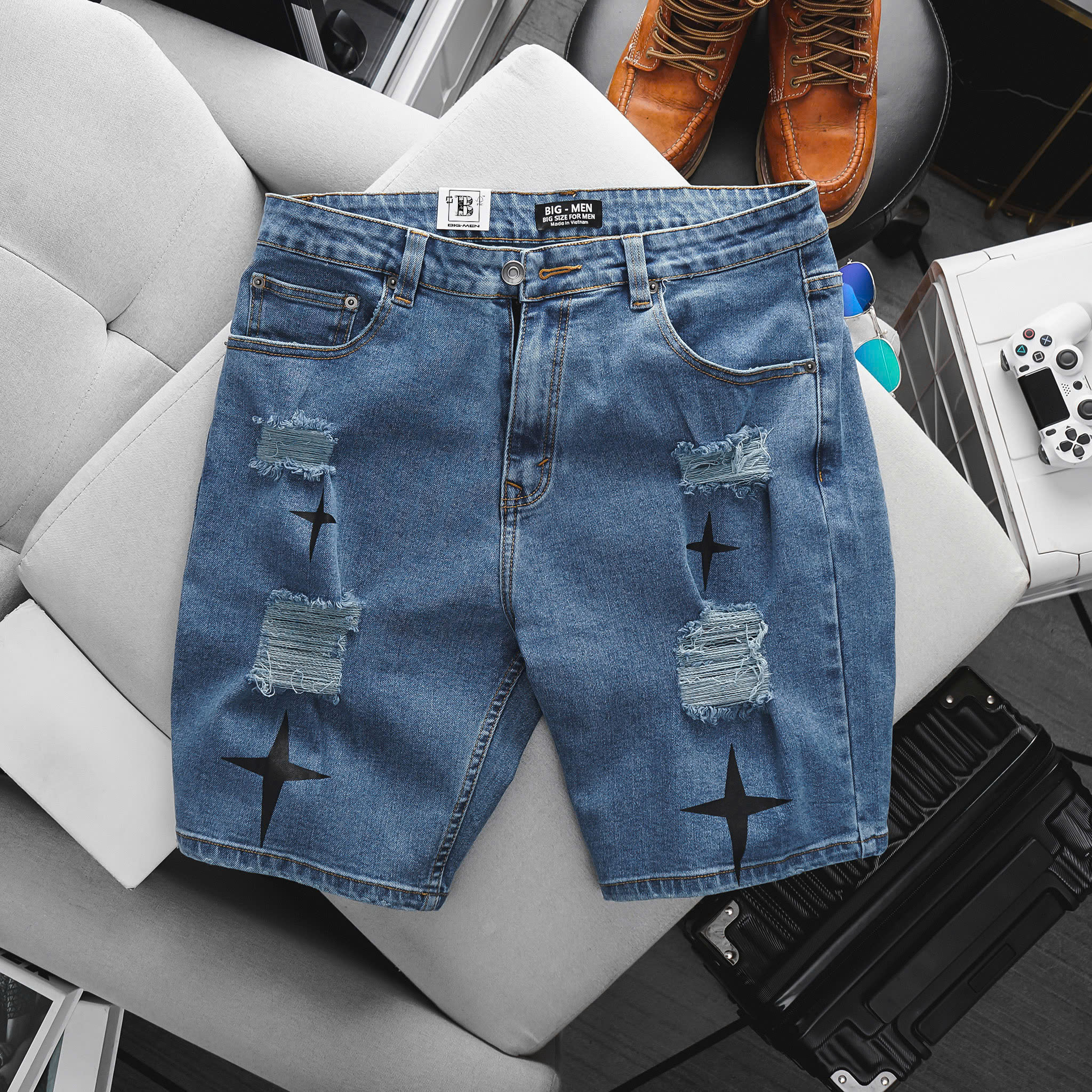 Quần short jean tông xanh cào thời trang bigsize nam cỡ đại < 140kg - Ảnh 2