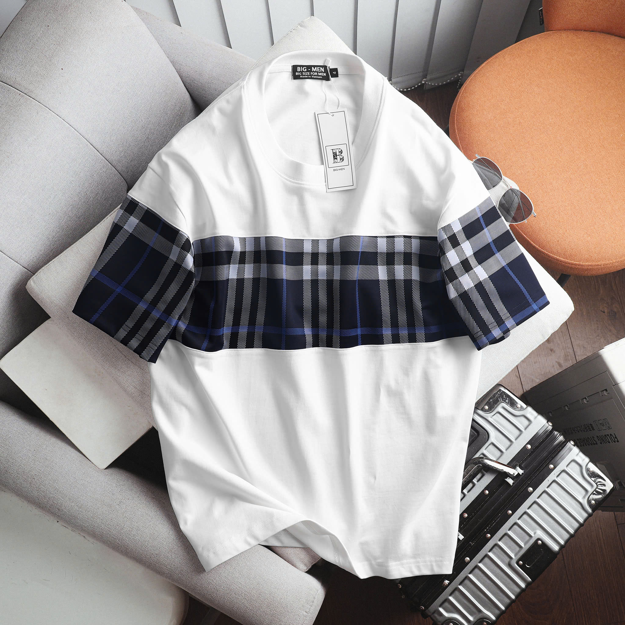 Áo thun chất cotton màu trắng phối caro cực sang bigsize nam< 140 kg - Ảnh 2