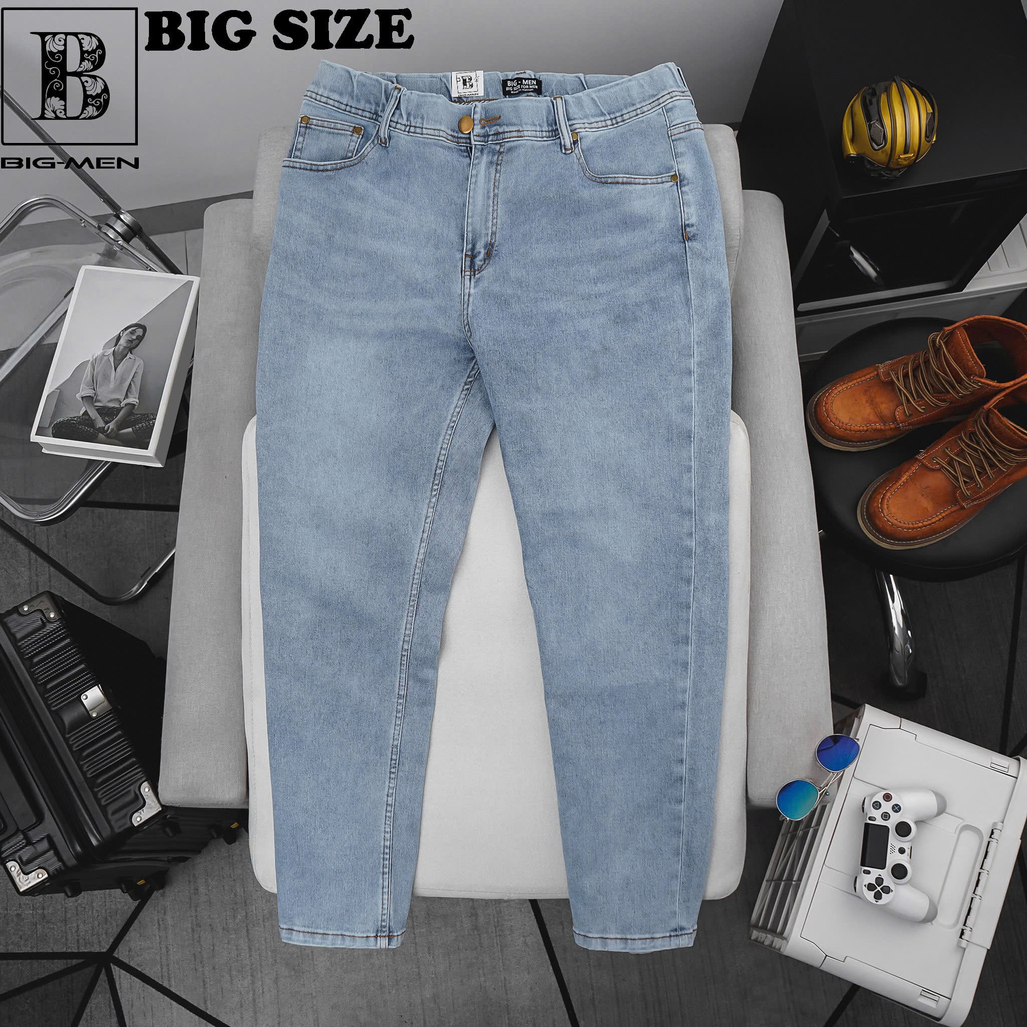 Quần jean nam bigsize màu xanh nhạt form ống đứng size 80 - 130kg