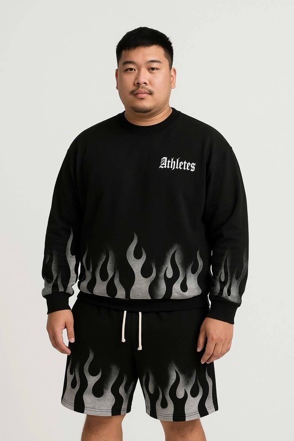 Big Men- Set bộ áo sweater, quần short nỉ bigsize nam họa tiết lửa thời trang cá tính cỡ đại< 135 kg