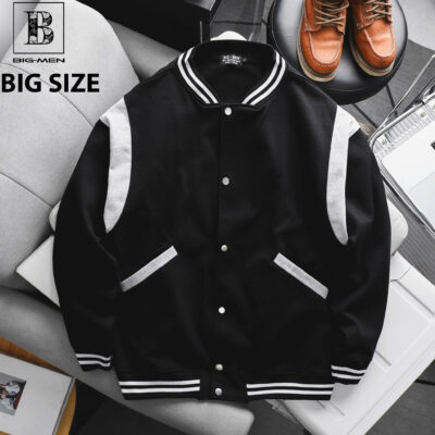 Big Men- Áo khoác bomber phong cách bóng chày bigsize nam vải nỉ phối vai viền sọc trắng thời trang< 140kg