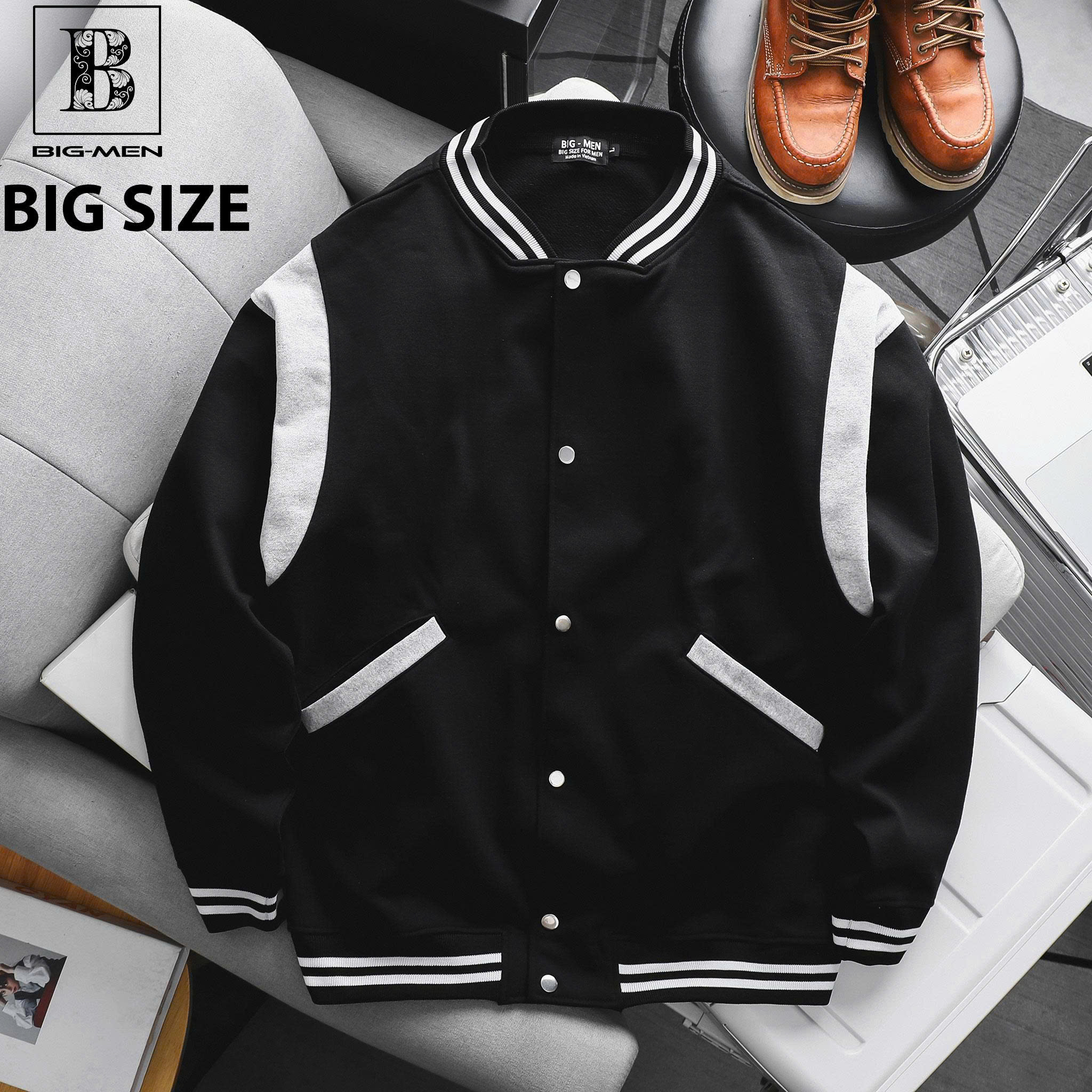 Big Men- Áo khoác bomber phong cách bóng chày bigsize nam vải nỉ phối vai viền sọc trắng thời trang< 140kg