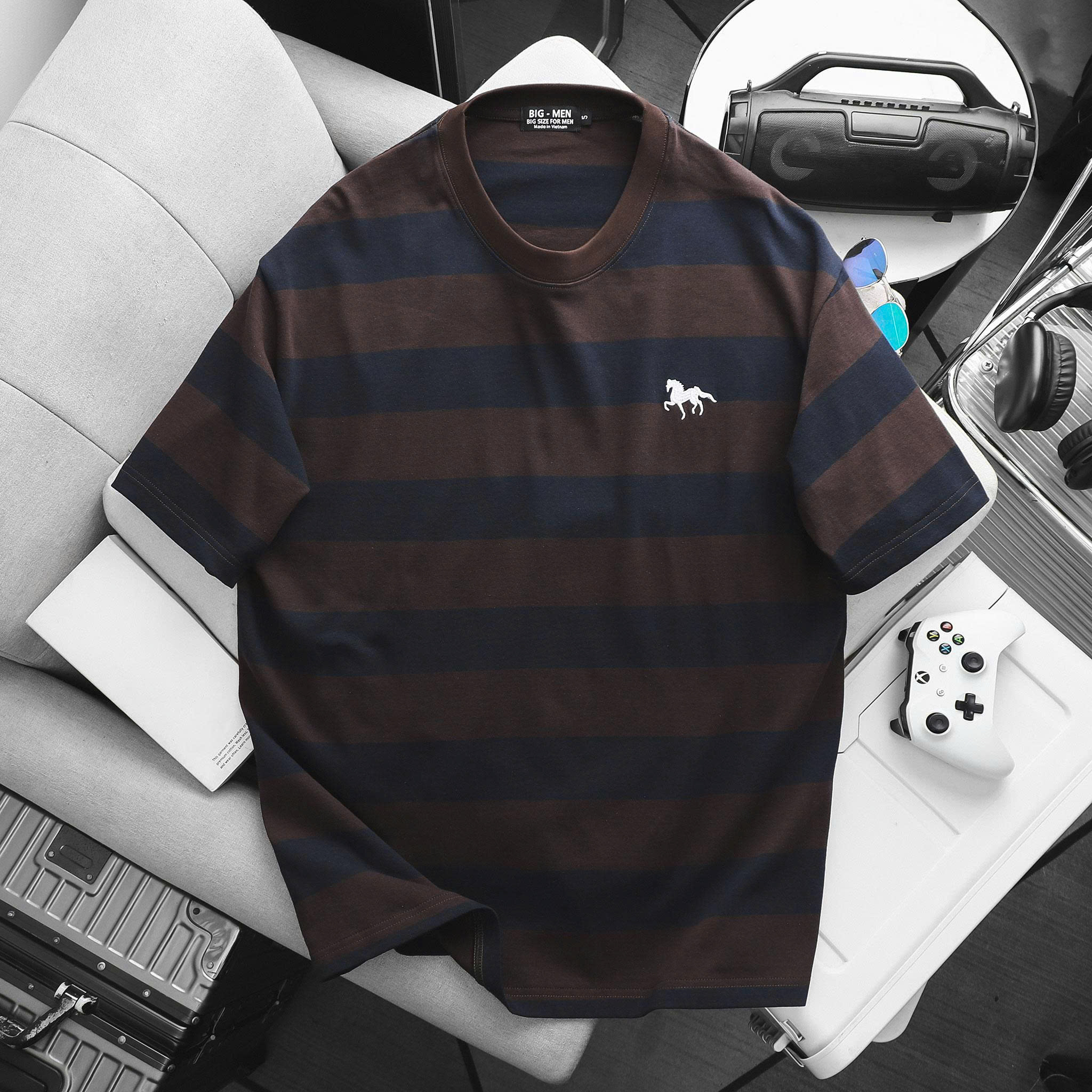 BIG MEN- Áo thun cotton họa tiết sọc ngang thêu ngựa lịch lãm phái mạnh bigsize nam 90- 137kg - Ảnh 2