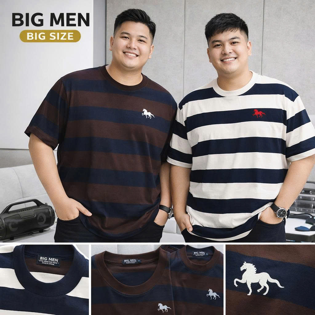 BIG MEN- Áo thun cotton họa tiết sọc ngang thêu ngựa lịch lãm phái mạnh bigsize nam 90- 137kg