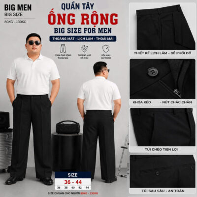 BIG MEN- Quần tây form ống rộng chất vải tuyết mưa lịch lãm thời trang bigsize nam 90- 130kg