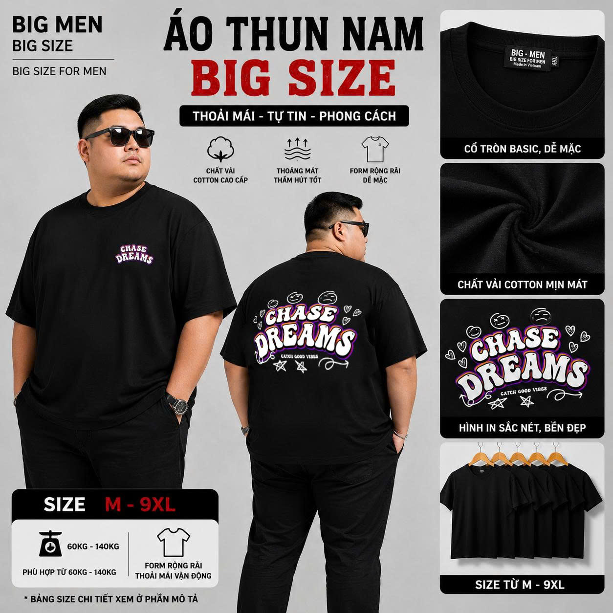BIG MEN- Áo thun cotton in họa tiết chữ 2 mặt CHASE DREAMS năng động bigsize nam 85- 145kg