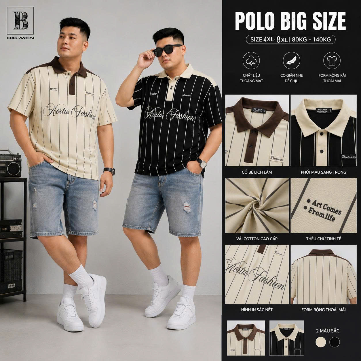 BIG MEN- Áo thun polo vải cotton sọc dọc phối chữ Aertu Fashion bigsize nam 85- 135kg - Ảnh 2