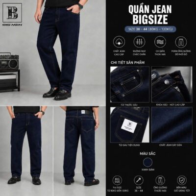 BIG MEN- Quần jean dài tông xanh mực form ống đứng thời trang bigsize nam80- 130kg_ mã 06