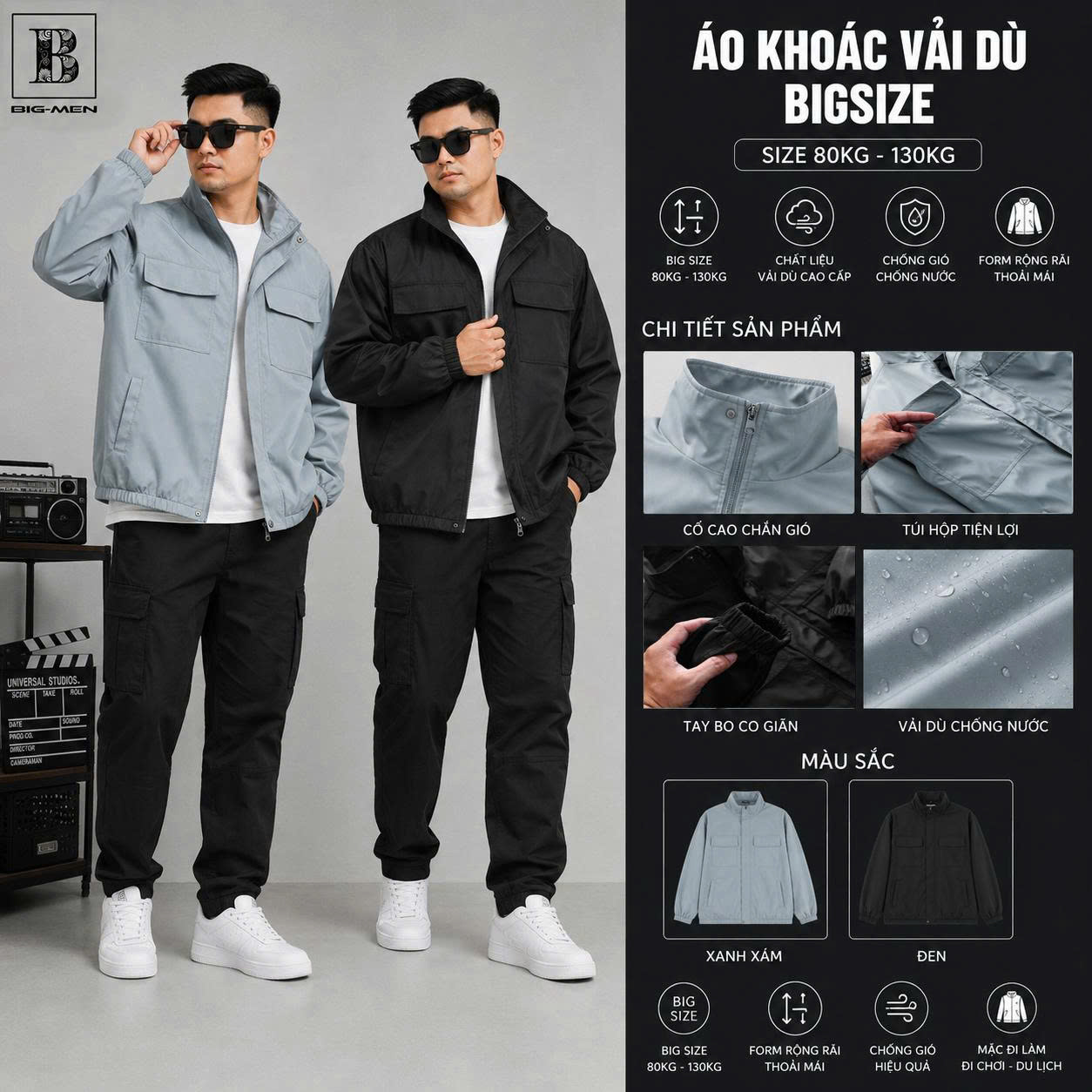 BIG MEN- Áo khoác dù bomber phối 2 túi cổ trụ cá tính thời trang bigsize nam< 130 kg - Ảnh 2