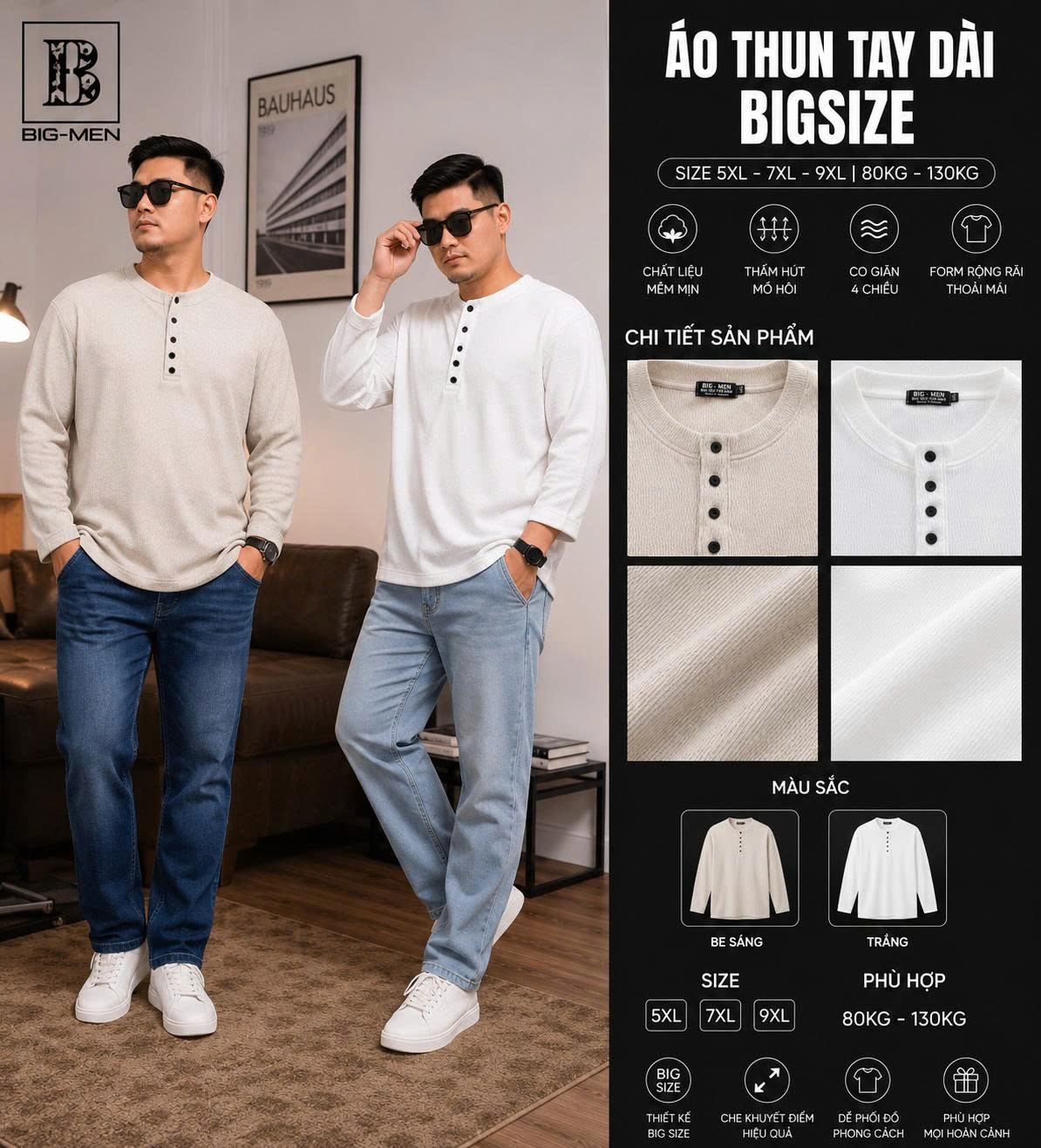 BIG MEN- Áo thun tay dài chất vải tổ ong mắt mèo phối nút thời trang bigsize nam 90- 135kg - Ảnh 2
