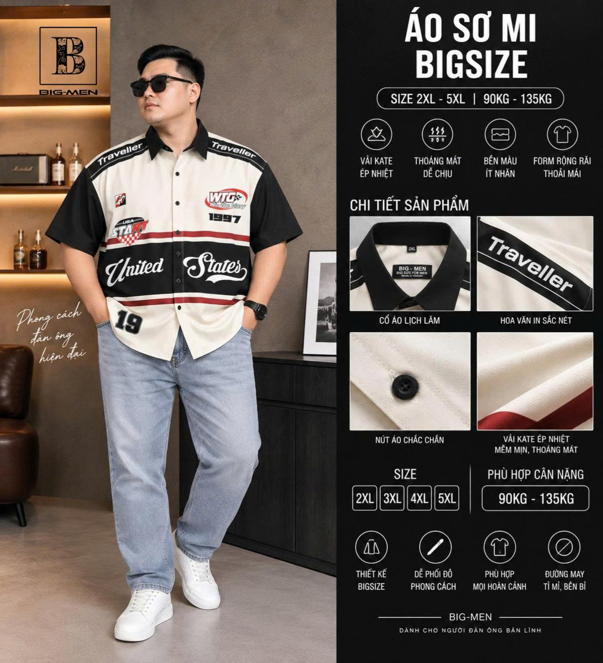 BIG MEN- Áo sơ mi tay ngắn bigsize nam phối họa tiết WTG 1997 thời trang cá tính 90- 135kg