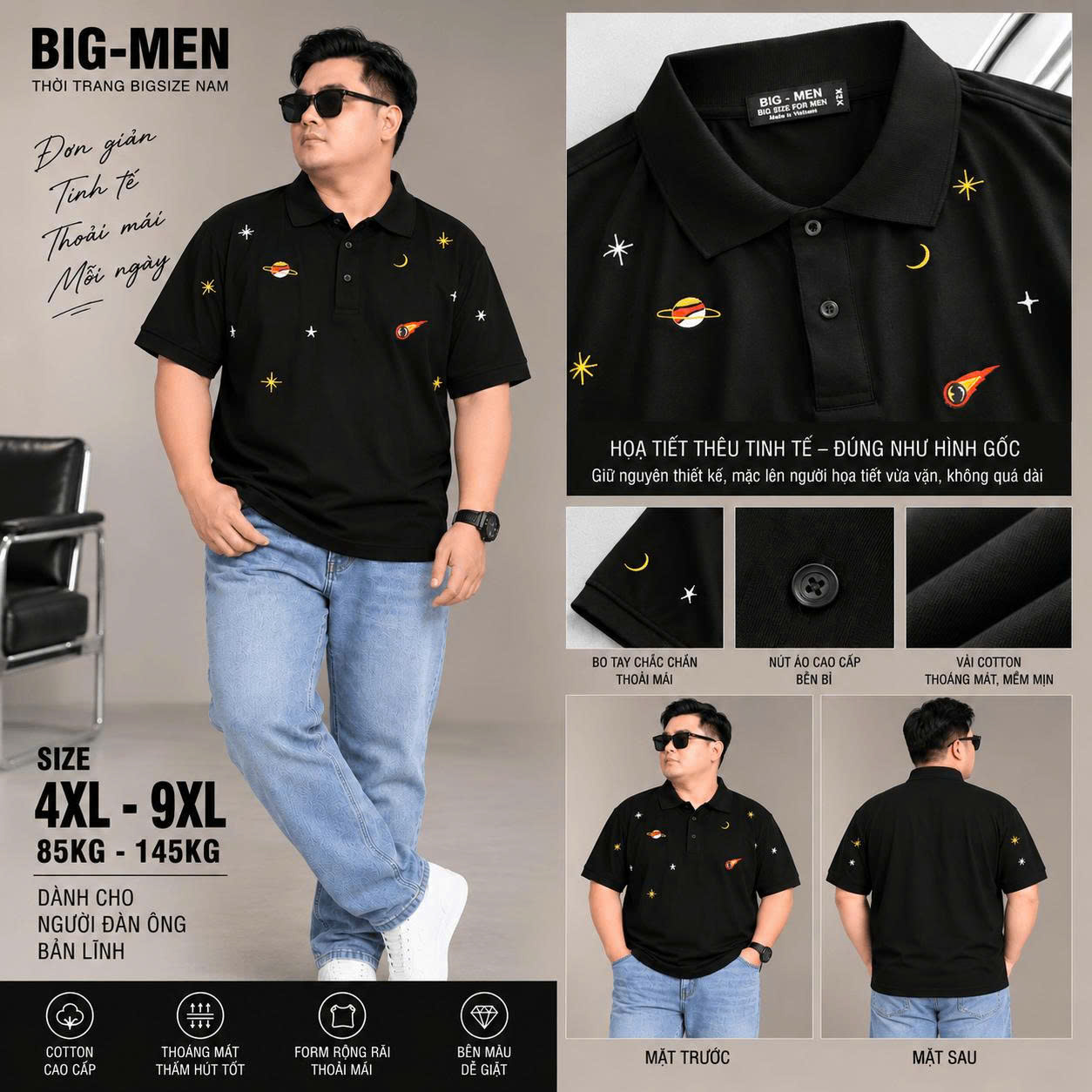 BIG MEN- Áo thun polo vải cotton thêu vũ trụ thời trang bigsize nam 85- 145kg